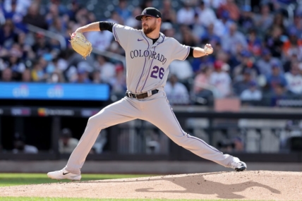 May 6, 2023; New York City, New York, USA; Colorado Rockies starting pitcher Austin Gomber (26) pitches against the New York Mets during the first inning at Citi Field. Mandatory Credit: Brad Penner-USA TODAY Sports