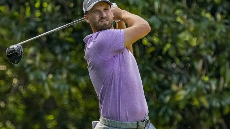 May 6, 2023; Charlotte, North Carolina, USA; Wyndham Clark hits his tee shot on 16 during the third round of the Wells Fargo Championship golf tournament. Mandatory Credit: Jim Dedmon-USA TODAY Sports