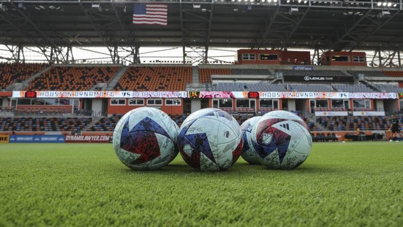 May 6, 2023; Houston, Texas, USA; General view of soccer balls on the field before the match between the Houston Dynamo FC and the Real Salt Lake at Shell Energy Stadium. Mandatory Credit: Troy Taormina-USA TODAY Sports