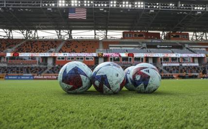 May 6, 2023; Houston, Texas, USA; General view of soccer balls on the field before the match between the Houston Dynamo FC and the Real Salt Lake at Shell Energy Stadium. Mandatory Credit: Troy Taormina-USA TODAY Sports