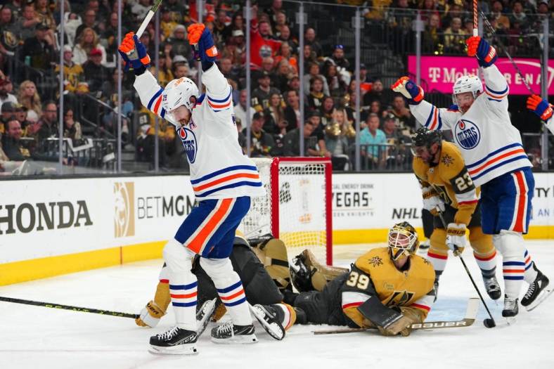 May 6, 2023; Las Vegas, Nevada, USA; Edmonton Oilers center Leon Draisaitl (29) celebrates after scoring a goal against the Vegas Golden Knights during the first period of game two of the second round of the 2023 Stanley Cup Playoffs at T-Mobile Arena. Mandatory Credit: Stephen R. Sylvanie-USA TODAY Sports