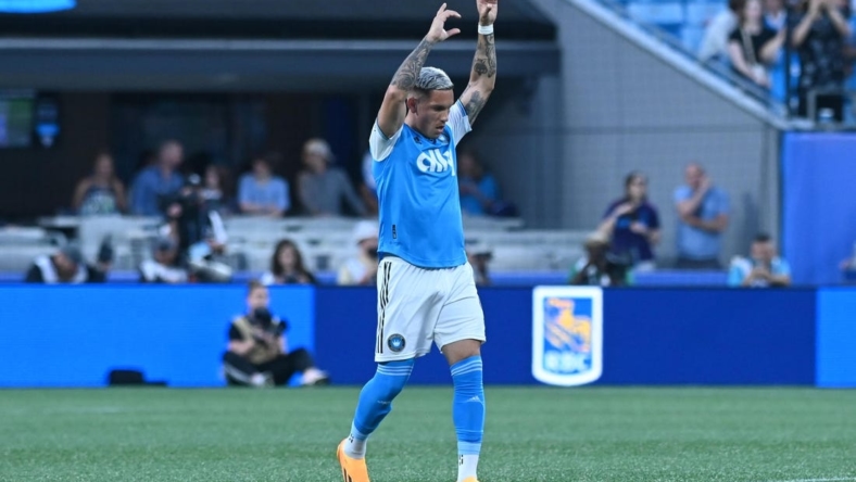 May 6, 2023; Charlotte, North Carolina, USA; Charlotte FC attacker Enzo Copetti (9) celebrates his goal in the first half of the match against New York City FC at Bank of America Stadium. Mandatory Credit: Griffin Zetterberg-USA TODAY Sports