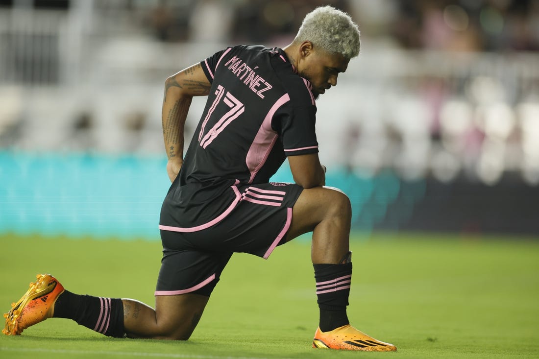 May 6, 2023; Fort Lauderdale, Florida, USA; Inter Miami CF forward Josef Martinez (17) celebrates after scoring a goal with a penalty-kick during the second half at DRV PNK Stadium. Mandatory Credit: Sam Navarro-USA TODAY Sports