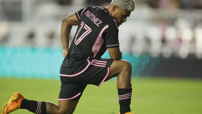 May 6, 2023; Fort Lauderdale, Florida, USA; Inter Miami CF forward Josef Martinez (17) celebrates after scoring a goal with a penalty-kick during the second half at DRV PNK Stadium. Mandatory Credit: Sam Navarro-USA TODAY Sports