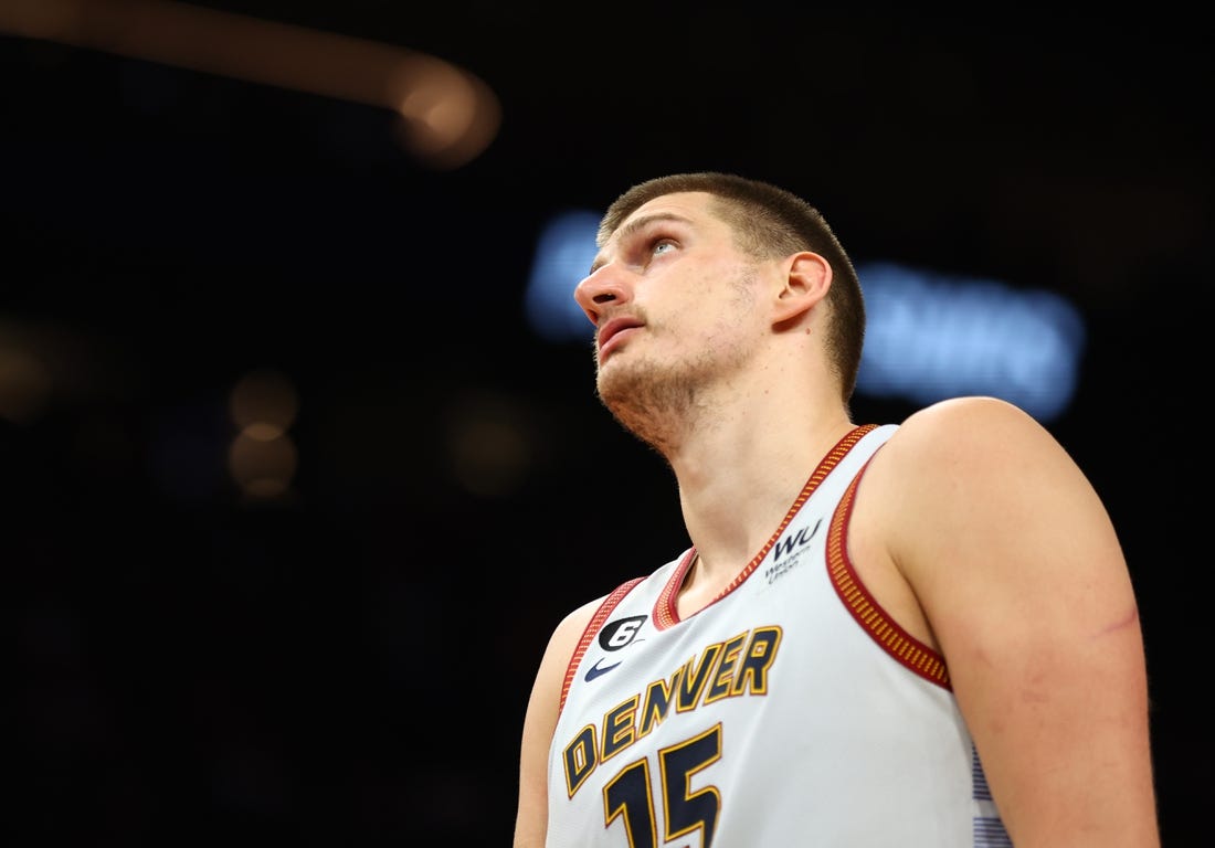 May 5, 2023; Phoenix, Arizona, USA; Denver Nuggets center Nikola Jokic (15) against the Phoenix Suns during game three of the 2023 NBA playoffs at Footprint Center. Mandatory Credit: Mark J. Rebilas-USA TODAY Sports