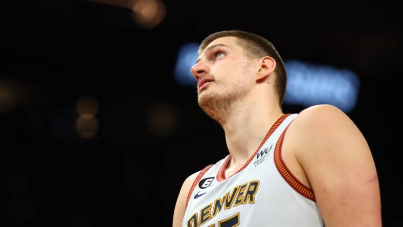 May 5, 2023; Phoenix, Arizona, USA; Denver Nuggets center Nikola Jokic (15) against the Phoenix Suns during game three of the 2023 NBA playoffs at Footprint Center. Mandatory Credit: Mark J. Rebilas-USA TODAY Sports