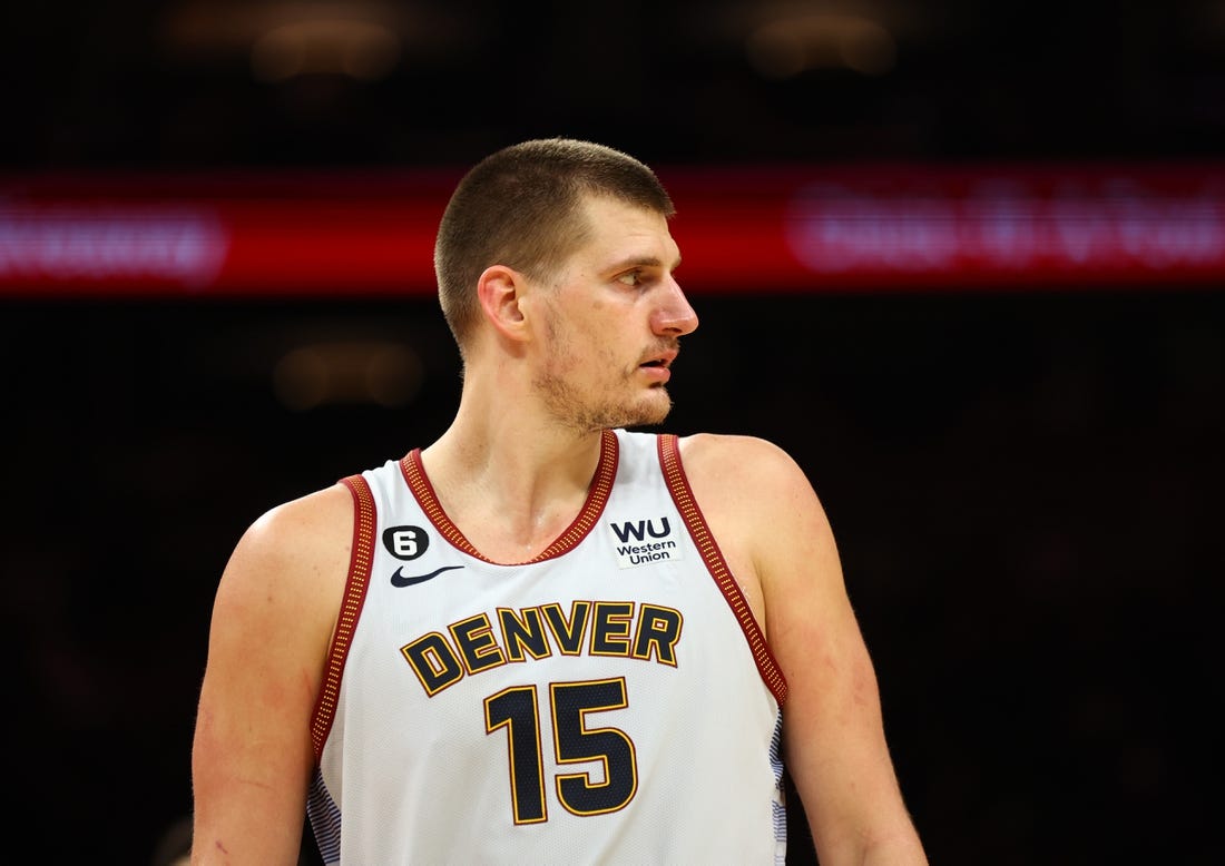 May 5, 2023; Phoenix, Arizona, USA; Denver Nuggets center Nikola Jokic (15) against the Phoenix Suns during game three of the 2023 NBA playoffs at Footprint Center. Mandatory Credit: Mark J. Rebilas-USA TODAY Sports