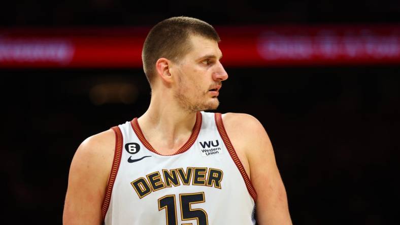 May 5, 2023; Phoenix, Arizona, USA; Denver Nuggets center Nikola Jokic (15) against the Phoenix Suns during game three of the 2023 NBA playoffs at Footprint Center. Mandatory Credit: Mark J. Rebilas-USA TODAY Sports