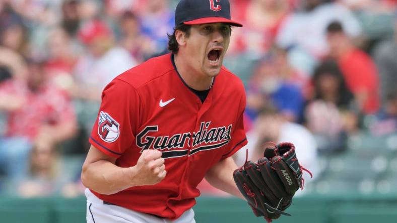 May 7, 2023; Cleveland, Ohio, USA; Cleveland Guardians starting pitcher Cal Quantrill (47) reacts in the seventh inning against the Minnesota Twins at Progressive Field. Mandatory Credit: Ken Blaze-USA TODAY Sports