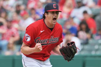 May 7, 2023; Cleveland, Ohio, USA; Cleveland Guardians starting pitcher Cal Quantrill (47) reacts in the seventh inning against the Minnesota Twins at Progressive Field. Mandatory Credit: Ken Blaze-USA TODAY Sports