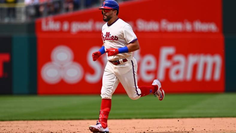 May 7, 2023; Philadelphia, Pennsylvania, USA; Philadelphia Phillies outfielder Kyle Schwarber (12) rounds the bases after hitting a two-run home run against the Boston Red Sox in the sixth inning at Citizens Bank Park. Mandatory Credit: Kyle Ross-USA TODAY Sports