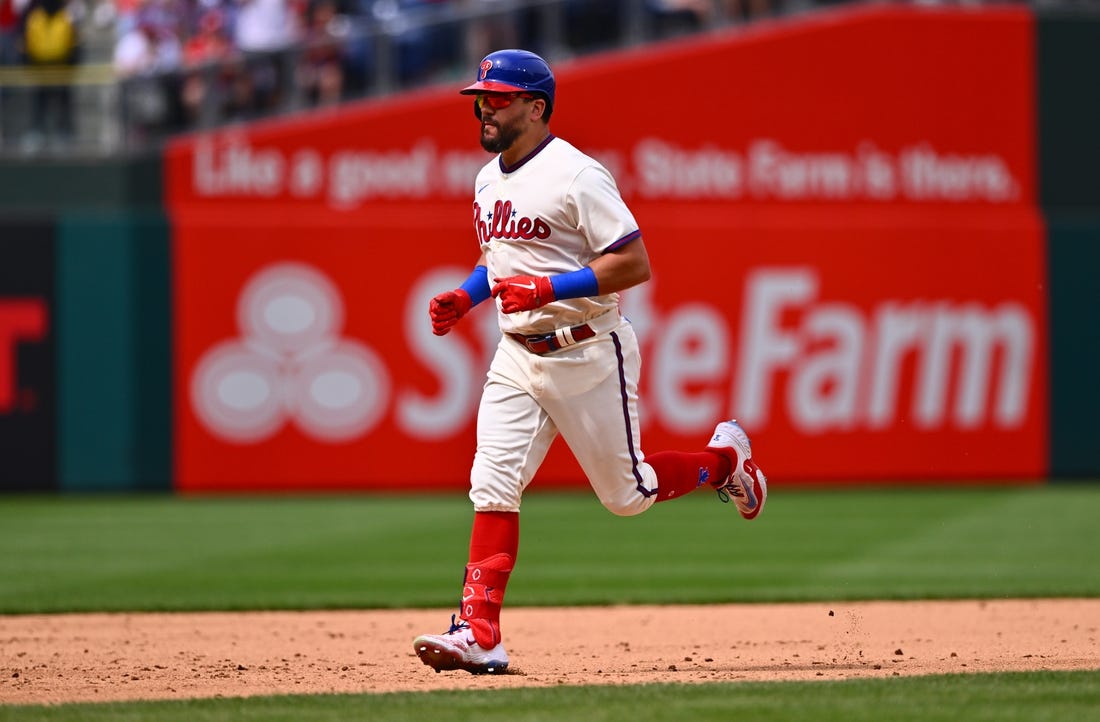 May 7, 2023; Philadelphia, Pennsylvania, USA; Philadelphia Phillies outfielder Kyle Schwarber (12) rounds the bases after hitting a two-run home run against the Boston Red Sox in the sixth inning at Citizens Bank Park. Mandatory Credit: Kyle Ross-USA TODAY Sports