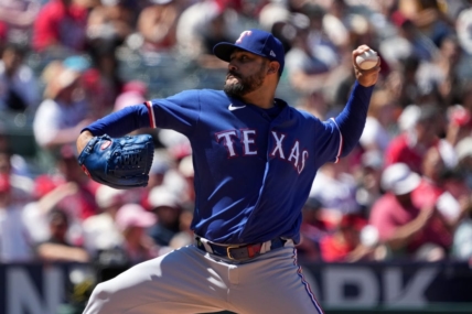 May 7, 2023; Anaheim, California, USA; Texas Rangers starting pitcher Martin Perez (54) throws in the fourth inning against the Los Angeles Angels at Angel Stadium. Mandatory Credit: Kirby Lee-USA TODAY Sports