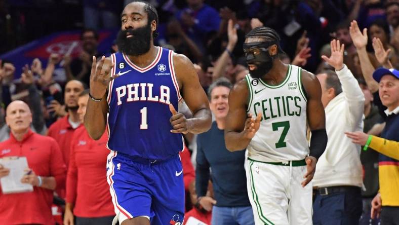 May 7, 2023; Philadelphia, Pennsylvania, USA; Philadelphia 76ers guard James Harden (1) reacts after making game-winning three point basket against the Boston Celtics during overtime of game four of the 2023 NBA playoffs at Wells Fargo Center. Mandatory Credit: Eric Hartline-USA TODAY Sports