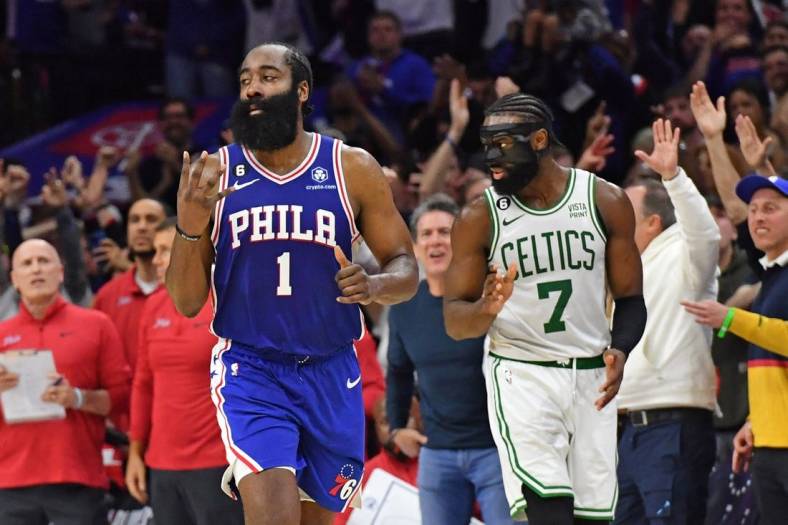 May 7, 2023; Philadelphia, Pennsylvania, USA; Philadelphia 76ers guard James Harden (1) reacts after making game-winning three point basket against the Boston Celtics during overtime of game four of the 2023 NBA playoffs at Wells Fargo Center. Mandatory Credit: Eric Hartline-USA TODAY Sports