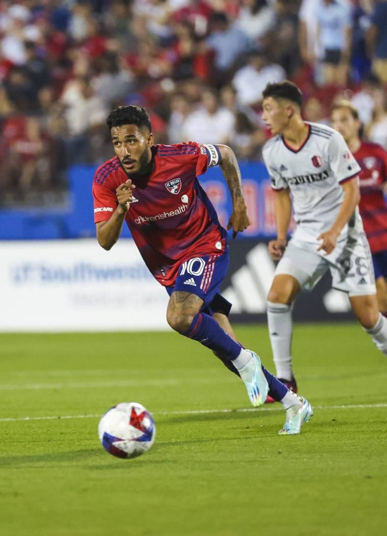 May 6, 2023; Frisco, Texas, USA;  FC Dallas forward Jesus Ferreira (10) in action during the game against St. Louis City at Toyota Stadium. Mandatory Credit: Kevin Jairaj-USA TODAY Sports