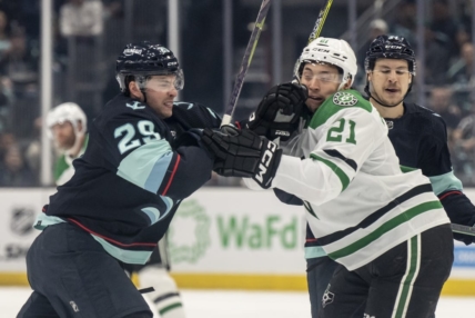 May 7, 2023; Seattle, Washington, USA; Seattle Kraken defenseman Vince Dunn (29) and Dallas Stars forward Jason Robertson (21) shove one another during the first period in game three of the second round of the 2023 Stanley Cup Playoffs at Climate Pledge Arena. Mandatory Credit: Stephen Brashear-USA TODAY Sports