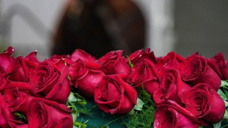 The blanket of roses is laid out in front of the stall of Mage on Sunday, May 7, 2023 at Churchill Downs in Louisville.