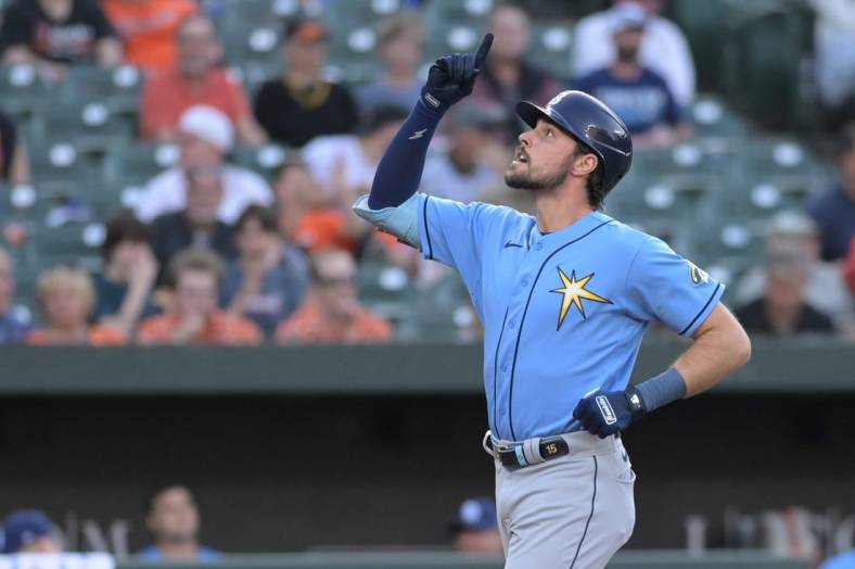 May 8, 2023; Baltimore, Maryland, USA;  Tampa Bay Rays right fielder Josh Lowe (15) celebrates after hitting solo home run in the second inning against the Baltimore Orioles at Oriole Park at Camden Yards. Mandatory Credit: Tommy Gilligan-USA TODAY Sports