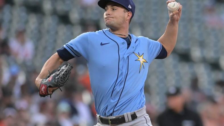 May 8, 2023; Baltimore, Maryland, USA; Tampa Bay Rays starting pitcher Shane McClanahan (18) throws a third inning pitch against the Baltimore Orioles  at Oriole Park at Camden Yards. Mandatory Credit: Tommy Gilligan-USA TODAY Sports