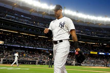 May 8, 2023; Bronx, New York, USA; New York Yankees left fielder Aaron Hicks (31) walks off the field after the top of the fifth inning against the Oakland Athletics at Yankee Stadium. Mandatory Credit: Brad Penner-USA TODAY Sports