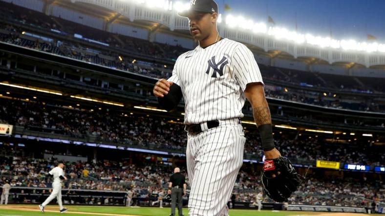 May 8, 2023; Bronx, New York, USA; New York Yankees left fielder Aaron Hicks (31) walks off the field after the top of the fifth inning against the Oakland Athletics at Yankee Stadium. Mandatory Credit: Brad Penner-USA TODAY Sports