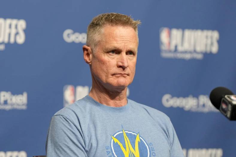 May 8, 2023; Los Angeles, California, USA; Golden State Warriors coach Steve Kerr at a press conference during game four of the 2023 NBA playoffs at Crypto.com Arena. Mandatory Credit: Kirby Lee-USA TODAY Sports