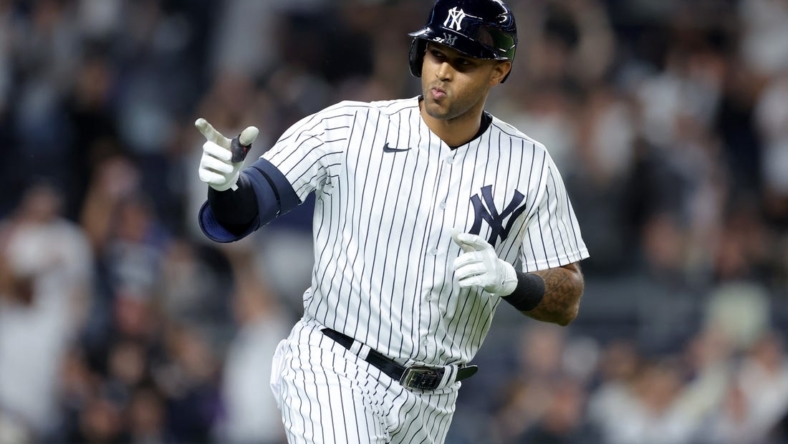 May 8, 2023; Bronx, New York, USA; New York Yankees left fielder Aaron Hicks (31) rounds the bases after hitting a two run home run against the Oakland Athletics during the seventh inning at Yankee Stadium. Mandatory Credit: Brad Penner-USA TODAY Sports