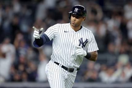 May 8, 2023; Bronx, New York, USA; New York Yankees left fielder Aaron Hicks (31) rounds the bases after hitting a two run home run against the Oakland Athletics during the seventh inning at Yankee Stadium. Mandatory Credit: Brad Penner-USA TODAY Sports