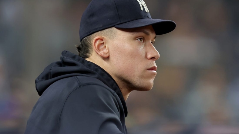 May 8, 2023; Bronx, New York, USA; New York Yankees injured outfielder Aaron Judge (99) watches from the dugout during the seventh inning against the Oakland Athletics at Yankee Stadium. Mandatory Credit: Brad Penner-USA TODAY Sports