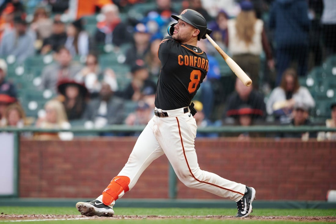 May 6, 2023; San Francisco, California, USA; San Francisco Giants outfielder Michael Conforto (8) bats against the Milwaukee Brewers during the seventh inning at Oracle Park. Mandatory Credit: Robert Edwards-USA TODAY Sports