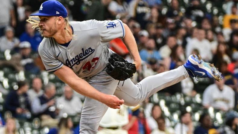 May 9, 2023; Milwaukee, Wisconsin, USA; Los Angeles Dodgers pitcher Noah Syndergaard (43) pitches in the first inning against the Milwaukee Brewers at American Family Field. Mandatory Credit: Benny Sieu-USA TODAY Sports