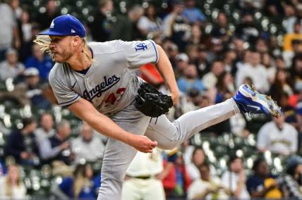 May 9, 2023; Milwaukee, Wisconsin, USA; Los Angeles Dodgers pitcher Noah Syndergaard (43) pitches in the first inning against the Milwaukee Brewers at American Family Field. Mandatory Credit: Benny Sieu-USA TODAY Sports