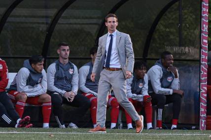 May 9, 2023; Montclair, NJ, USA; New York Red Bulls head coach Troy Lesesne looks on during the first half against D.C. United at MSU Soccer Park. Mandatory Credit: Vincent Carchietta-USA TODAY Sports