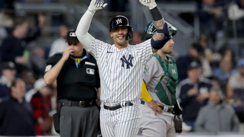 May 9, 2023; Bronx, New York, USA; New York Yankees second baseman Gleyber Torres (25) celebrates his two run home run against the Oakland Athletics during the fifth inning at Yankee Stadium. Mandatory Credit: Brad Penner-USA TODAY Sports