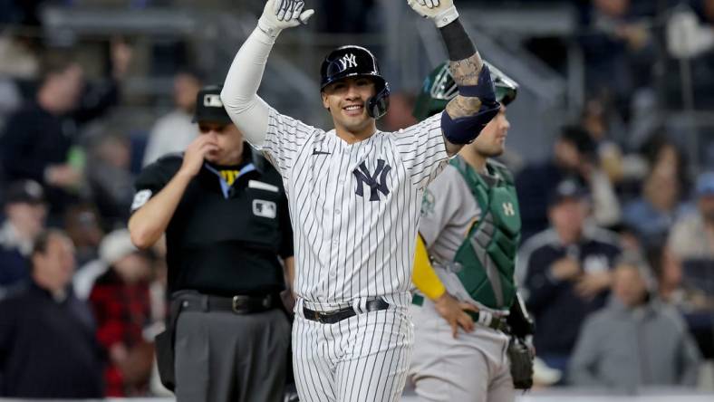 May 9, 2023; Bronx, New York, USA; New York Yankees second baseman Gleyber Torres (25) celebrates his two run home run against the Oakland Athletics during the fifth inning at Yankee Stadium. Mandatory Credit: Brad Penner-USA TODAY Sports