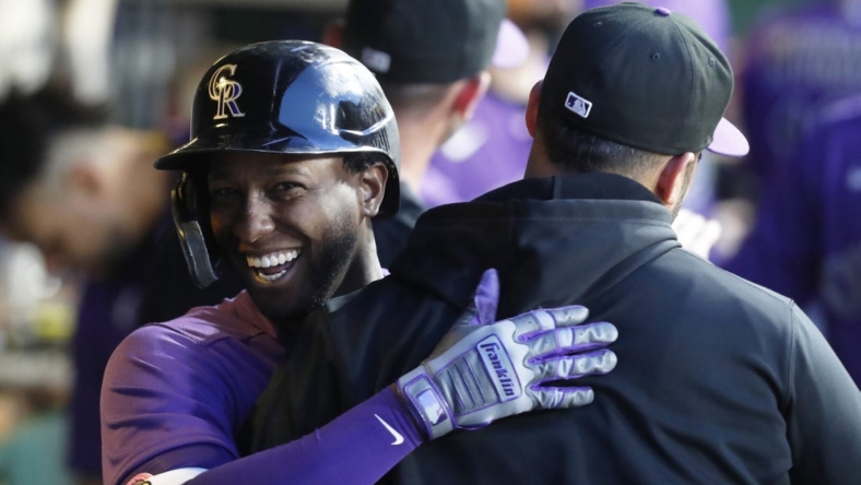 May 9, 2023; Pittsburgh, Pennsylvania, USA;  Colorado Rockies left fielder Jurickson Profar (29) celebrates with teammates after hitting a two run home run against the Pittsburgh Pirates during the seventh inning at PNC Park. Mandatory Credit: Charles LeClaire-USA TODAY Sports