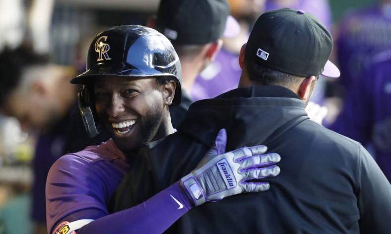 May 9, 2023; Pittsburgh, Pennsylvania, USA;  Colorado Rockies left fielder Jurickson Profar (29) celebrates with teammates after hitting a two run home run against the Pittsburgh Pirates during the seventh inning at PNC Park. Mandatory Credit: Charles LeClaire-USA TODAY Sports