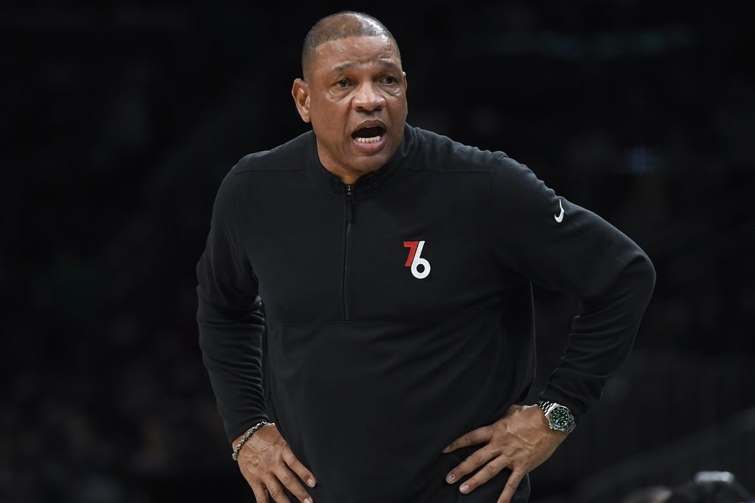 May 9, 2023; Boston, Massachusetts, USA; Philadelphia 76ers head coach Doc Rivers in the second half during game five of the 2023 NBA playoffs against the Boston Celtics at TD Garden. Mandatory Credit: Bob DeChiara-USA TODAY Sports