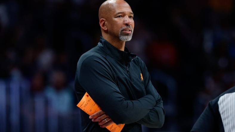 May 9, 2023; Denver, Colorado, USA; Phoenix Suns head coach Monty Williams looks on in the fourth quarter against the Denver Nuggets during game five of the 2023 NBA playoffs at Ball Arena. Mandatory Credit: Isaiah J. Downing-USA TODAY Sports