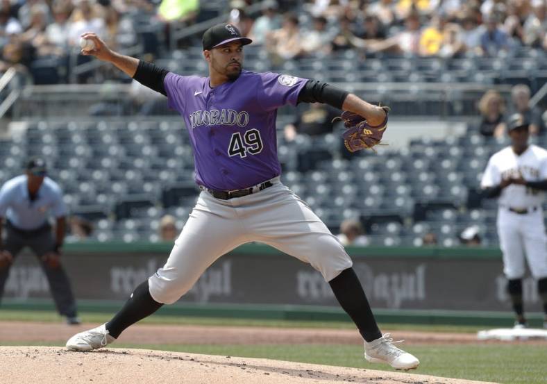 May 10, 2023; Pittsburgh, Pennsylvania, USA;  Colorado Rockies starting pitcher Antonio Senzatela (49) delivers a pitch against the Pittsburgh Pirates during the first inning at PNC Park. Mandatory Credit: Charles LeClaire-USA TODAY Sports
