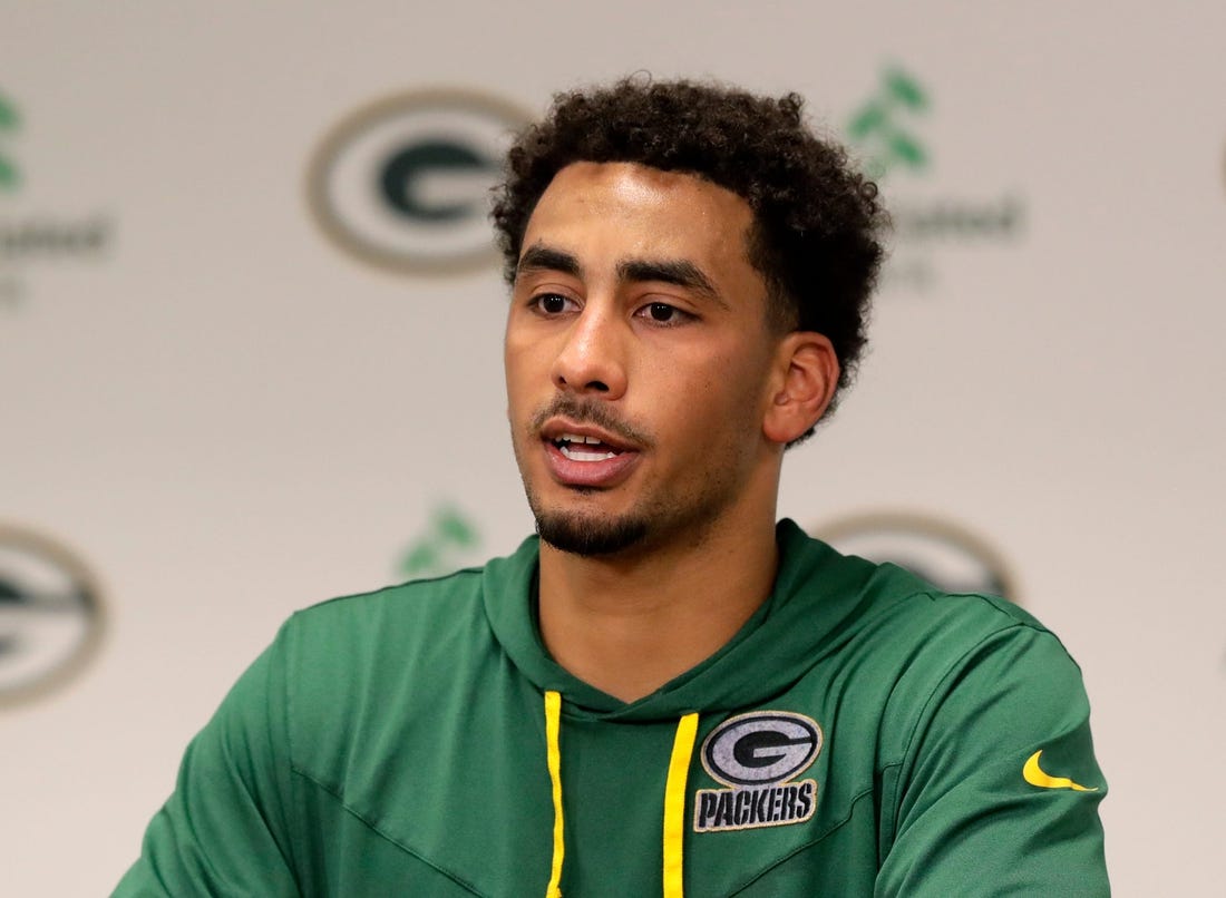 Green Bay Packers quarterback Jordan Love speaks to media on May 10, 2023, at Lambeau Field in Green Bay, Wis.