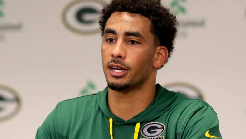 Green Bay Packers quarterback Jordan Love speaks to media on May 10, 2023, at Lambeau Field in Green Bay, Wis.