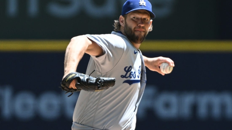 May 10, 2023; Milwaukee, Wisconsin, USA; Los Angeles Dodgers starting pitcher Clayton Kershaw (22) delivers a pitch against the Milwaukee Brewers in the first inning at American Family Field. The Los Angeles Dodgers 8, Milwaukee Brewers 1. Mandatory Credit: Michael McLoone-USA TODAY Sports