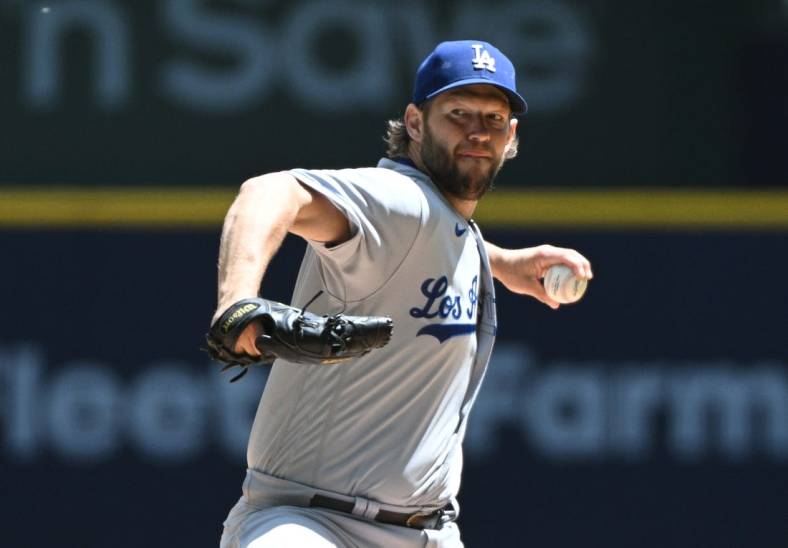 May 10, 2023; Milwaukee, Wisconsin, USA; Los Angeles Dodgers starting pitcher Clayton Kershaw (22) delivers a pitch against the Milwaukee Brewers in the first inning at American Family Field. The Los Angeles Dodgers 8, Milwaukee Brewers 1. Mandatory Credit: Michael McLoone-USA TODAY Sports