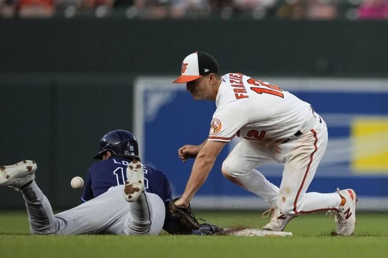 May 10, 2023; Baltimore, Maryland, USA; Tampa Bay Rays right fielder Josh Lowe (15) is safe at second base on a pickoff attempt by Baltimore Orioles second baseman Adam Frazier (12) in the fifth inning at Oriole Park at Camden Yards. Mandatory Credit: Brent Skeen-USA TODAY Sports
