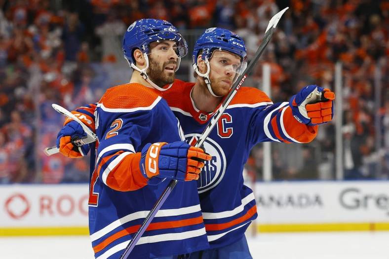 May 10, 2023; Edmonton, Alberta, CAN;The Edmonton Oilers celebrate a goal scored by defensemen Evan Bouchard (2) during the first period against the Vegas Golden Knights in game four of the second round of the 2023 Stanley Cup Playoffs at Rogers Place. Mandatory Credit: Perry Nelson-USA TODAY Sports