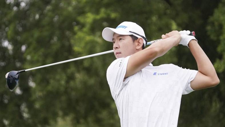 May 11, 2023; McKinney, Texas, USA; S.Y. Noh plays his shot from the eighth tee during the first round of the AT&T Byron Nelson golf tournament. Mandatory Credit: Raymond Carlin III-USA TODAY Sports