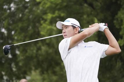 May 11, 2023; McKinney, Texas, USA; S.Y. Noh plays his shot from the eighth tee during the first round of the AT&T Byron Nelson golf tournament. Mandatory Credit: Raymond Carlin III-USA TODAY Sports