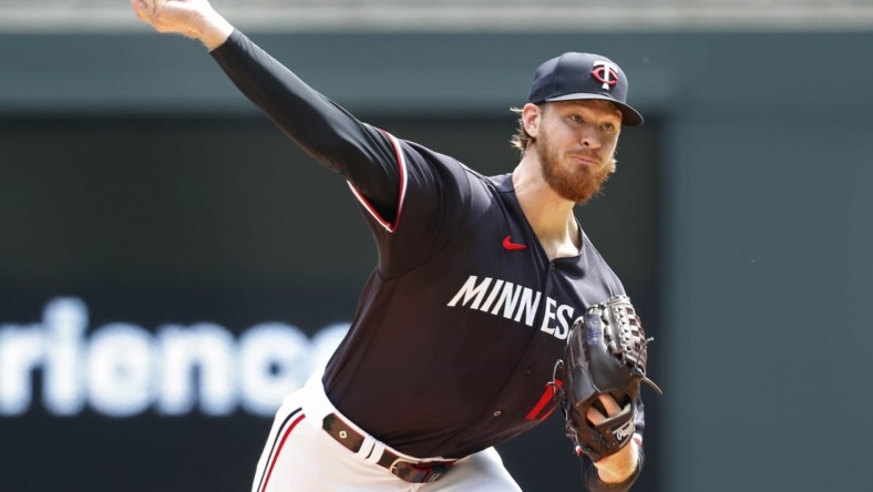 May 11, 2023; Minneapolis, Minnesota, USA; Minnesota Twins starting pitcher Bailey Ober (17) throws to the San Diego Padres in the first inning at Target Field. Mandatory Credit: Bruce Kluckhohn-USA TODAY Sports